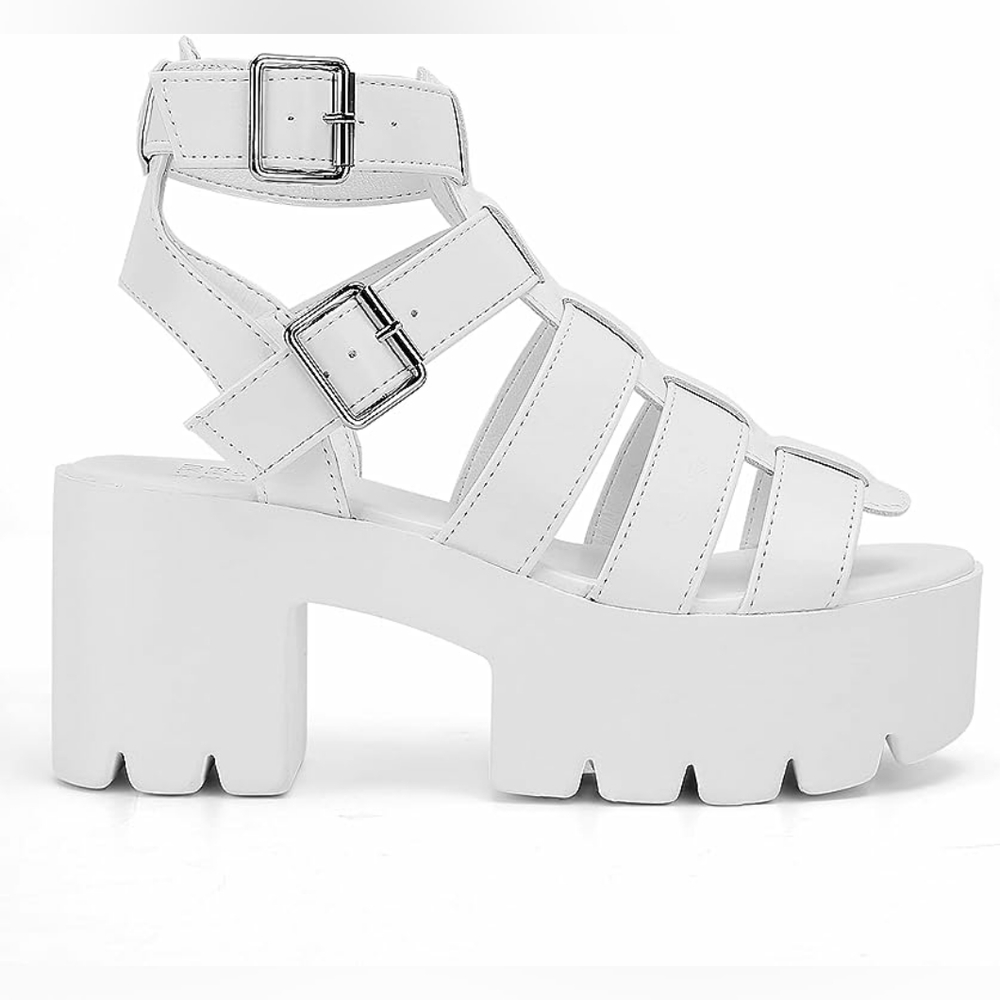 Ready Salted White Faux Leather Chunky Platform Caged Sandals NIB Size 7